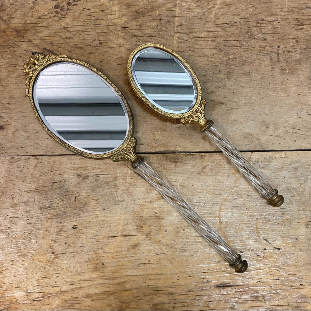 Antique 2 Sided Glass Handled Vanity Mirror And Brush Set
